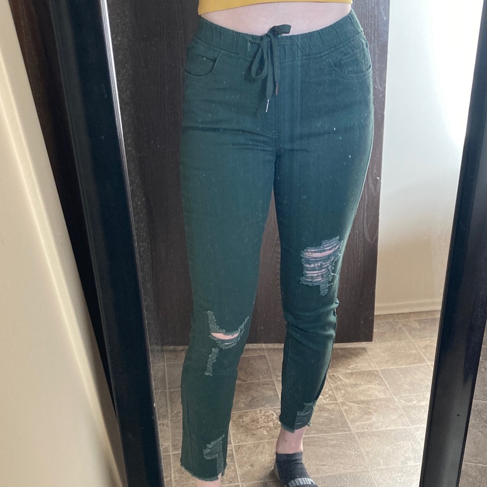 High Waist Stretchy Green Distressed Pants